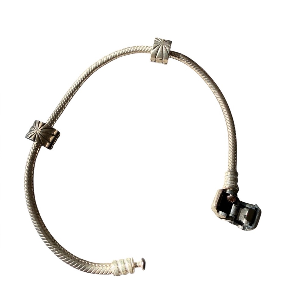 Pandora Sterling Silver Snake Chain Bracelet w Clip Charms Barrel Clasp - Picture 2 of 4